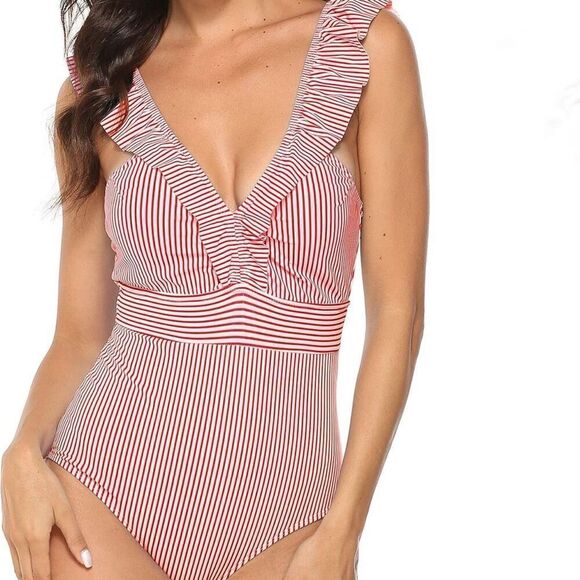 Cupshe striped res and white one piece swimsuit ruffles size M - Picture 1 of 5